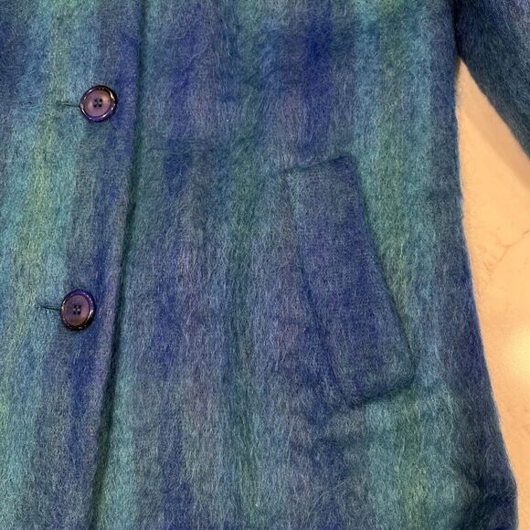 Paul Levy Vintage Blue Purple Green Plaid Striped Mohair Wool Coat Long 44” Bust - Picture 5 of 14